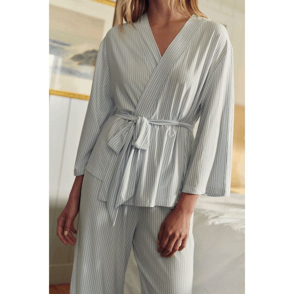 LAKE Fog Blue Striped DreamModal Kimono Belted Pajama Top Women's Size XL